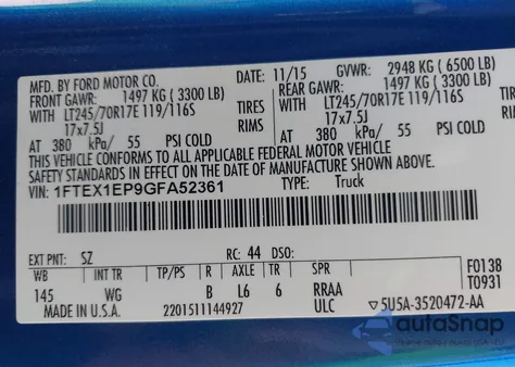 2016 Ford F-150 Xl z USA, uszkodzony, nr VIN 1FTEX1EP9GFA52361